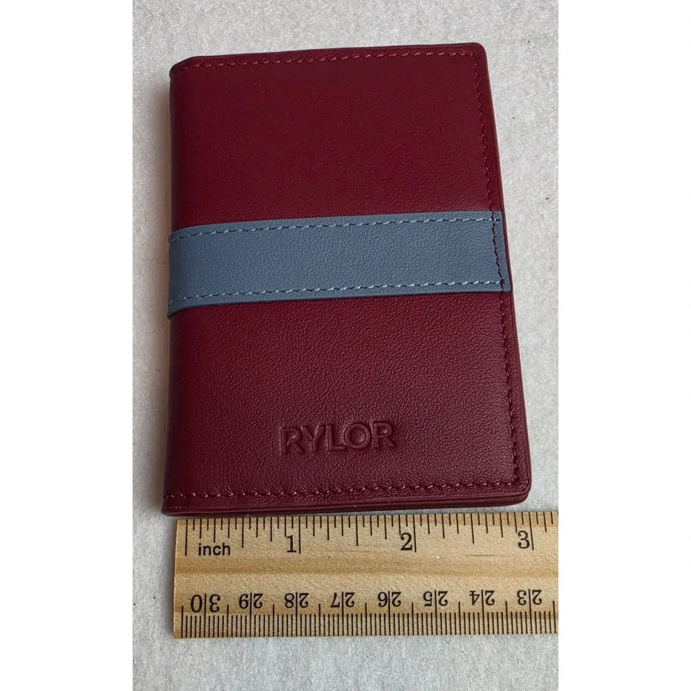 Rylor Leather Bifold Card Holder Wallet Burgundy Red Blue Stripe Minimalist New